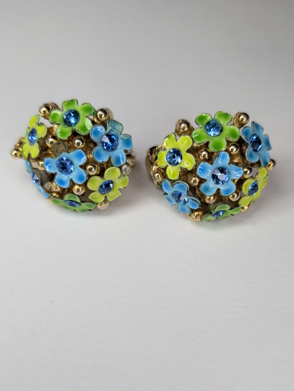 Vintage 50s Enamel Cluster Flower Earrings Green Blue Ab Crystals Clip-on MCM